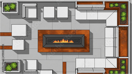 Outdoor patio layout features seating around a fire pit in vector 2D CAD