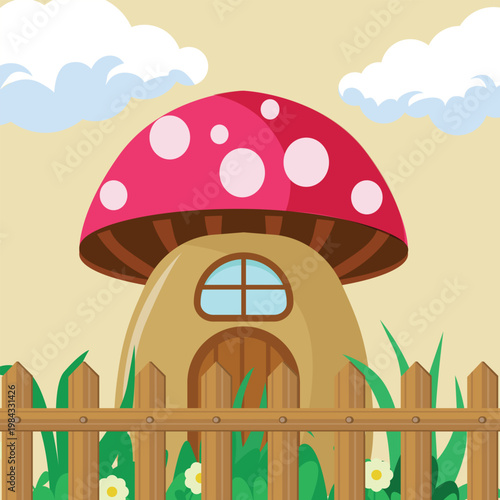 Mushroom House Fence Garden Cartoon Illustration