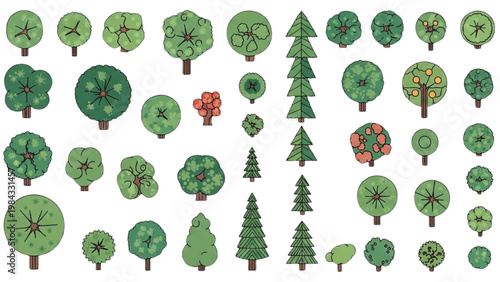 Various vector 2D CAD illustrations of trees in a nature setting