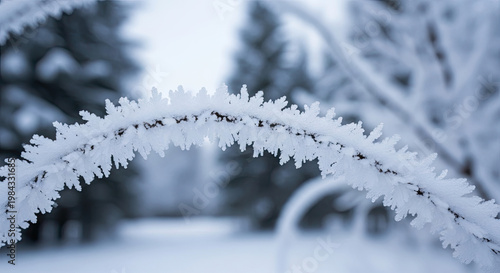 A frosty winter scene with snow-covered branches in the foreground and a blurred background of trees and snow