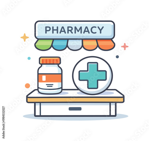 Pharmacy service and medication dispensing in a healthcare environment focused on providing safe and accurate access to prescribed treatments, a pharmacy counter with a