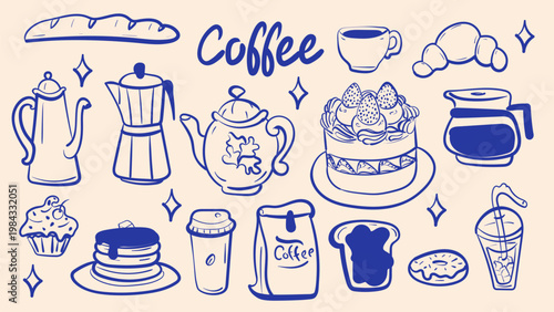 Big set of hand drawn coffee and bakery elements in vector doodle style. Collection of coffee pots, cups, cakes, croissants and "Coffee" lettering isolated for cafe menu design.