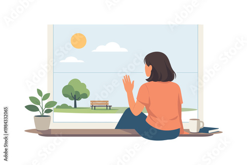 A person looking out of a window while staying indoors during quarantine, reflecting on limited mobility and desire for normal life, visual metaphor of a clear barrier