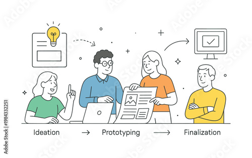 Team collaborating through stages of ideation, prototyping, and finalization to deliver effective design outcomes in a professional workflow, represented through a