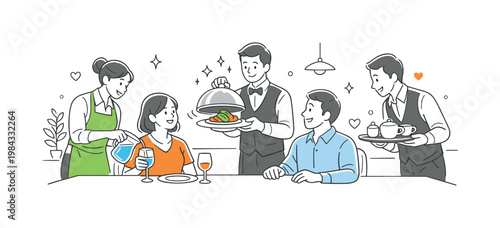 Restaurant service hospitality scene showing staff attentively serving guests in a clean dining environment while ensuring a smooth and pleasant experience, using a