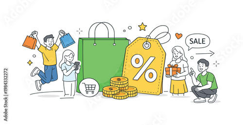 Discount sale event in a retail or online shopping context where customers take advantage of reduced prices and special offers, represented by a price tag with a