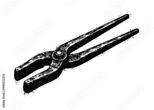 A heavy blacksmith tong tool shown in a three-quarter perspective, enlarged to fill most of the frame as a long mechanical object on a pure white background, the pivot