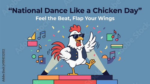A cheerful cartoon rooster in sunglasses and a vest dances on a stage with spotlights, surrounded by musical notes and confetti, celebrating 