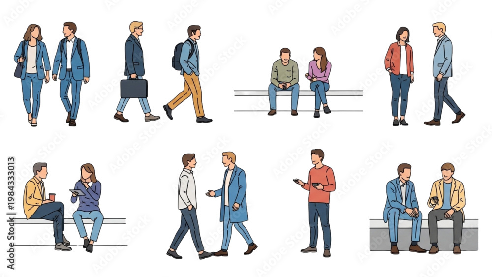 Fototapeta premium Vector 2D CAD illustration of people walking and sitting in various casual outfits