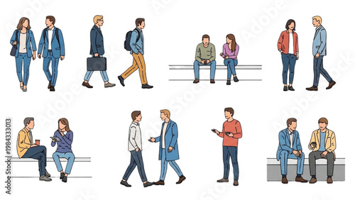 Vector 2D CAD illustration of people walking and sitting in various casual outfits