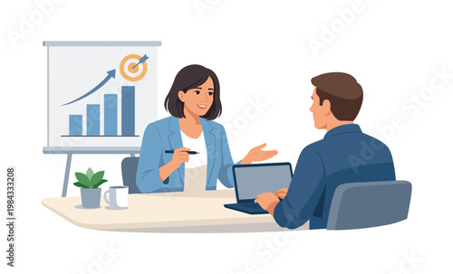 A professional conducting a focused one-on-one coaching session in a calm workplace setting, sitting across from a colleague with a laptop while referencing a simple