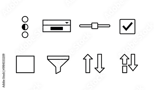 User selection interface: radio buttons, dropdown menu, slider control, checkbox square, highlighted option, selection box, filter funnel, sorting arrows.