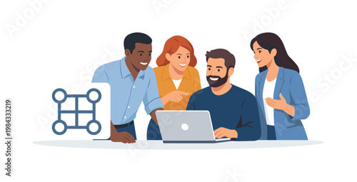 A team reinforcing collaboration through shared structure in a professional setting, gathered near a laptop while interacting with a simple interconnected grid symbol