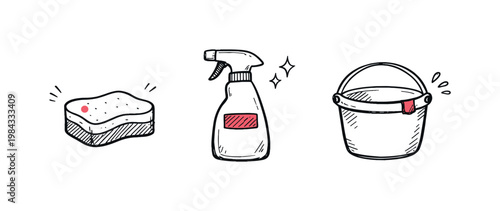Simple home cleaning set theme a horizontal row of 3 related hand-drawn objects on a white background: a small sponge with a tiny pink dot detail, a simple spray bottle