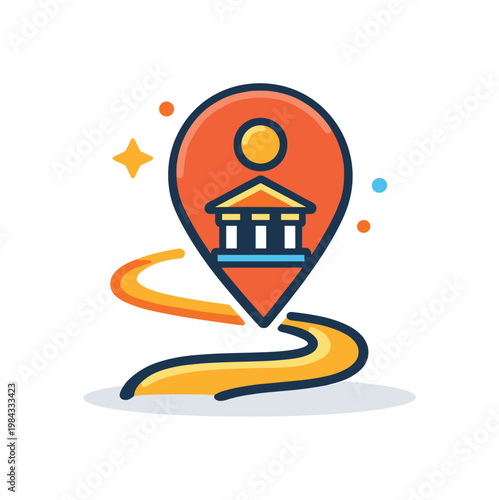 Cultural pilgrimage travel highlighting connection to heritage and sacred destinations, a simple map pin combined with a small temple icon and a path line representing