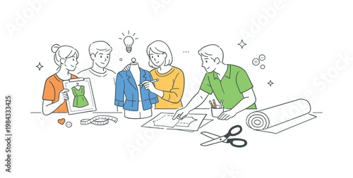 Clothing design fashion workflow concept featuring professionals planning and refining garment ideas collaboratively, using a fabric roll and a single scissors icon as