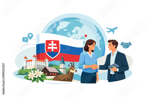 International awareness and global representation scenario where Slovakia is introduced through its national symbols in a modern informational setting, visualized with