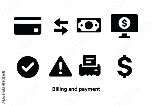 Billing and payment: credit card, bank transfer arrows, cash payment, online payment, payment confirmation checkmark, overdue warning, receipt printer, currency symbol.