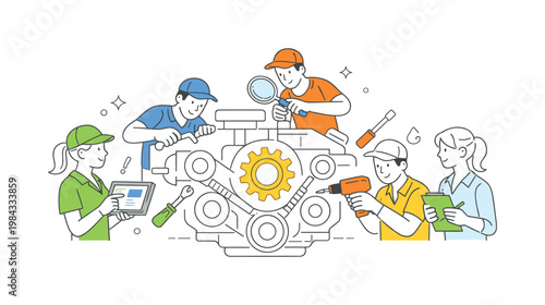 Individual diagnosing and repairing engine components as part of routine vehicle maintenance in a practical work scenario, visualized with a metaphor of a clean engine