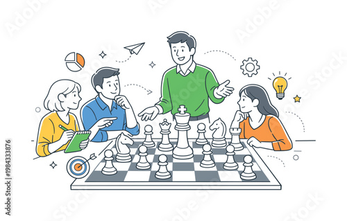 Team discussing tactics and making calculated decisions to achieve goals in a competitive or business environment, represented through a metaphor of chess pieces arranged