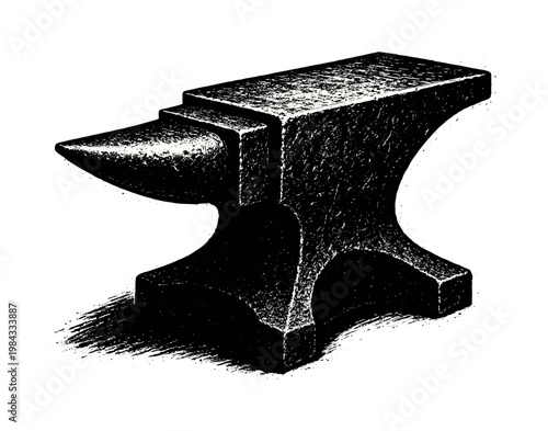 A heavy anvil shown in a three-quarter perspective, enlarged to dominate the frame as a dense solid mass on a clean white background, the horn, flat face, and base