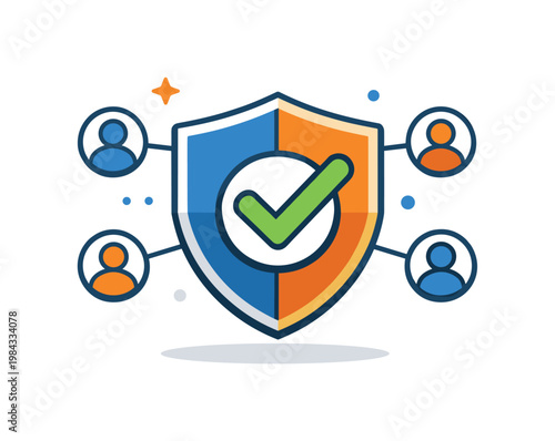 Zero trust security model in modern IT infrastructure ensuring strict identity verification at every access point, a shield combined with multiple small user nodes and a