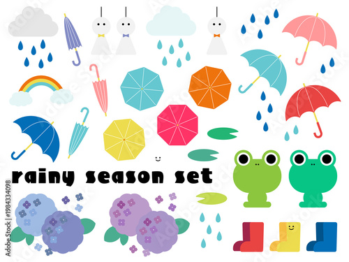 ポップな梅雨のイラストセット（PNG）