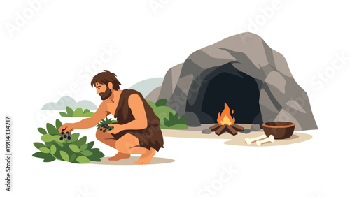 Early human lifestyle scenario where a caveman engages in basic survival activities such as gathering and sheltering within a primitive natural environment, symbolized by