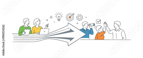 A structured progress alignment scenario where a team ensures all ongoing activities remain synchronized toward a shared goal during execution, built around a visual