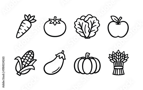 Farm produce: carrot, tomato, lettuce, apple, corn cob, eggplant, pumpkin, wheat bundle.