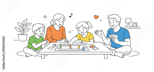 Home leisure family bonding scenario showing people spending quality time together through light activities and shared moments in a cozy home atmosphere, using a board