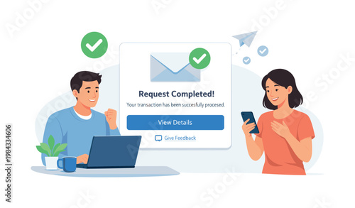 Digital notification scene where a system confirms a completed request or transaction via email, emphasizing accuracy, feedback, and user assurance in digital workflows,