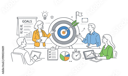 A strategic goal setting scenario where a team defines clear objectives and tracks progress toward measurable outcomes in a structured planning session, centered around a