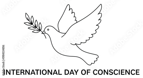 A line drawing of a dove carrying an olive branch with text below
