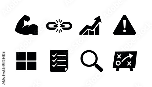 SWOT analysis framework: strength icon, weakness broken link, opportunity arrow up, threat warning triangle, grid matrix, checklist, magnifying glass, strategy chart.
