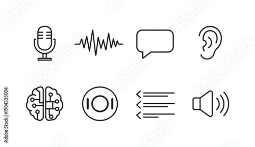 Speech recognition concept: microphone, sound waves, voice waveform, speech bubble, ear symbol, AI brain, audio recording icon, command lines.