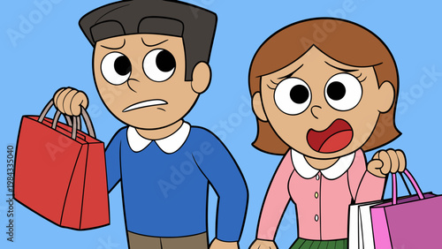 Man carrying lots of shopping bags annoyed at woman pleased with only one
