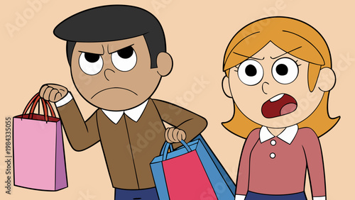 Man carrying lots of shopping bags annoyed at woman pleased with only one
