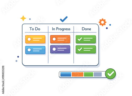 Project task tracking system emphasizing prioritization and progress monitoring across multiple activities, a simple kanban board paired with a small progress bar
