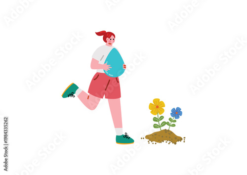 花に水をやる女性のイラスト