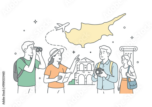 A travel and destination concept where individuals explore Mediterranean regions and discover cultural landmarks, represented by a minimal composition of the Cyprus map