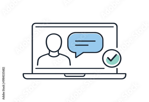 Remote consultation focused on providing professional advice and services through digital communication in a modern online environment, a laptop displaying a simple human