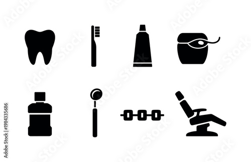 Dental care essentials: tooth, toothbrush, toothpaste tube, dental floss, mouthwash bottle, dental mirror, braces, dental chair.