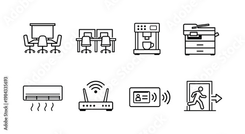 Office building facilities: conference room, coworking desks, coffee machine, printer station, air conditioning unit, wifi router, access card reader, emergency exit door