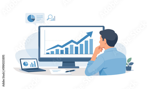 A data analyst interpreting information to support business decisions in a modern workspace, represented by a person observing a simple chart with an upward trend on a