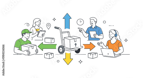 Team coordinating physical workload and transport tasks in a distribution process to ensure timely delivery, visualized with a metaphor of a central hand truck connected