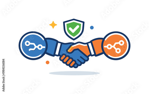 Digital trust handshake and mutual verification between systems focused on establishing secure connections before data exchange in modern platforms, two connected nodes