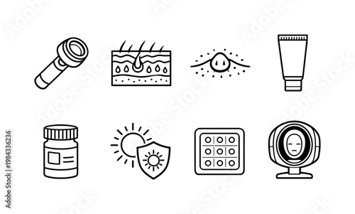 Dermatology and treatment: dermatologist tool, skin layer diagram, acne spot, medical cream tube, prescription bottle, UV protection symbol, allergy patch, skin analysis