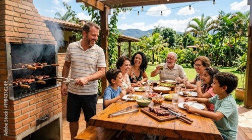 A happy Brazilian family enjoying churrasco on a sunny outdoor patio, grilled dishes, casual laughter and warm festive family atmosphere, ultra-realistic, no logos.