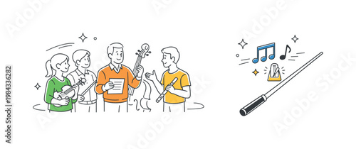 A rehearsal environment where orchestra members practice and synchronize their performance under guidance, illustrated by a small group gathered near a simple conductor